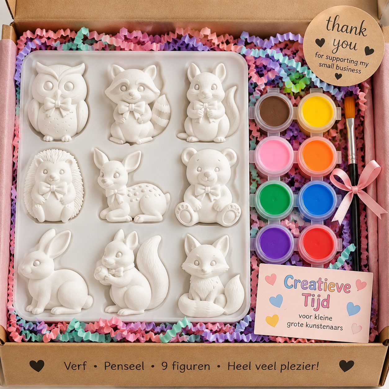 Voorbeeld van mini dierenpakket met kleine gipsdiertjes en verf